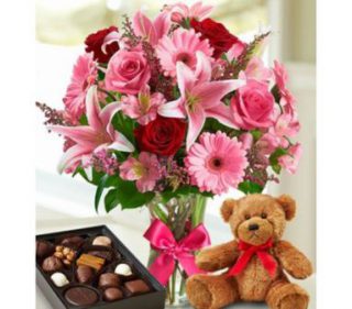harga bunga valentine dengan bonek dan cokelat