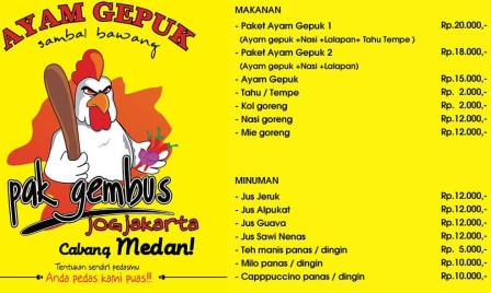 Harga Ayam Gepuk Pak Gembus Medan